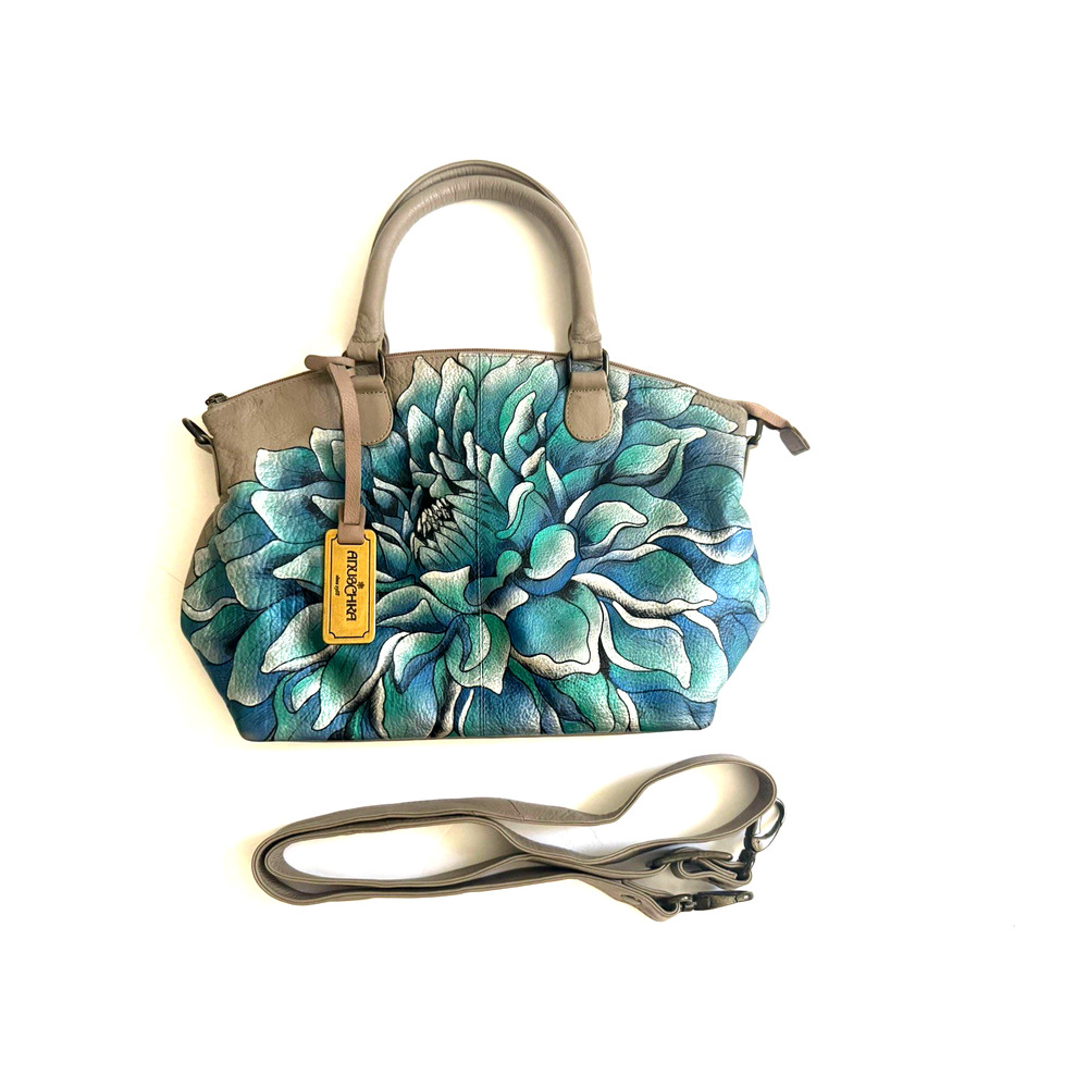Anuschka Handbag Teal Blue Floral Hand-Painted Leather Satchel Crossbody Strap
